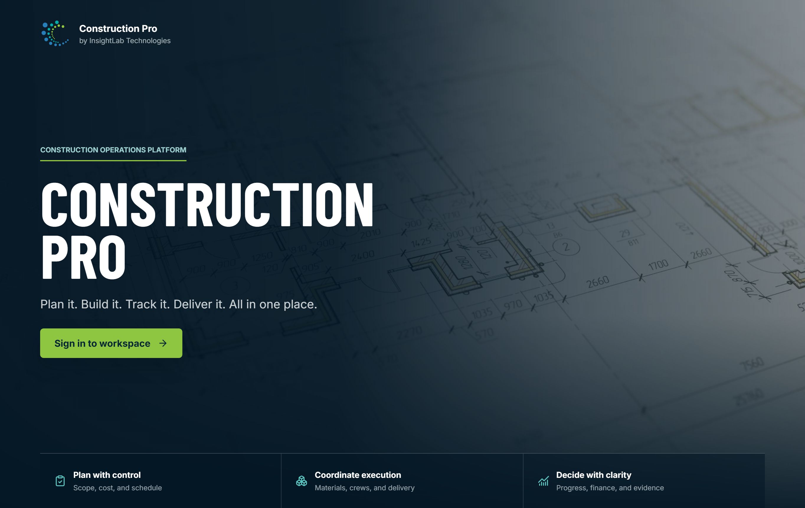 Construction Pro web app: a dark blueprint-styled landing titled 'Construction Pro - plan it, build it, track it, deliver it, all in one place', with pillars for planning, coordination, and decisions